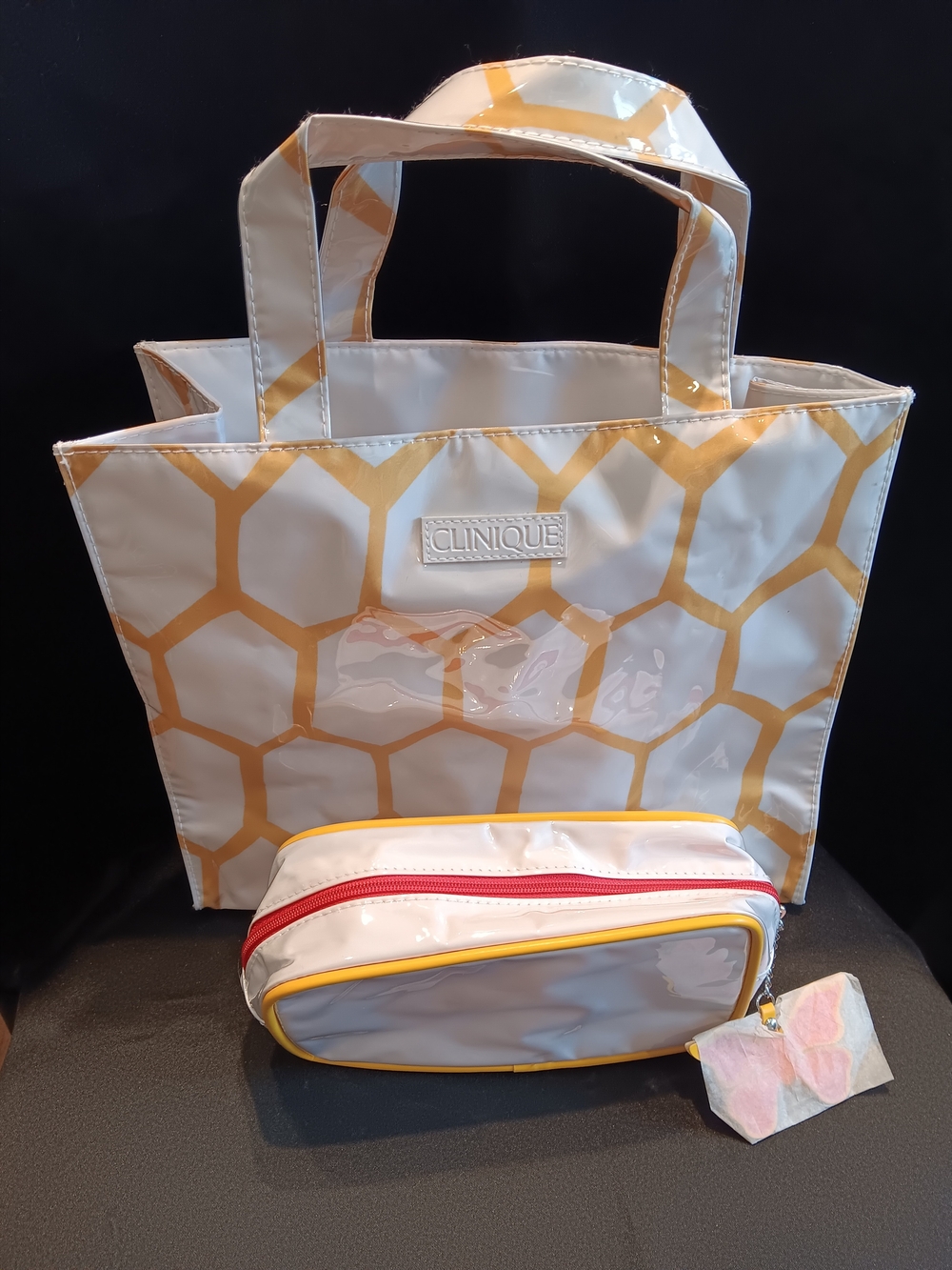 Clinique Honeycomb White & Yellow Tote Bag with Cosmetic Pouch